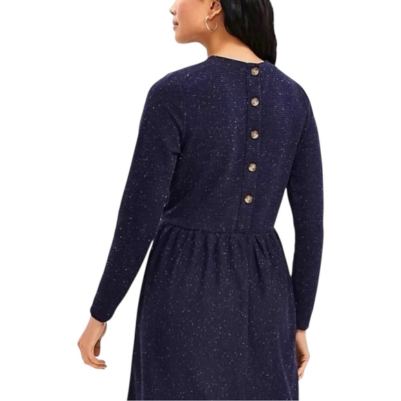 NWT LOFT Flecked Button Navy Speckled Ribbed Knit Swing Dress SP Small Petite - Picture 2 of 10